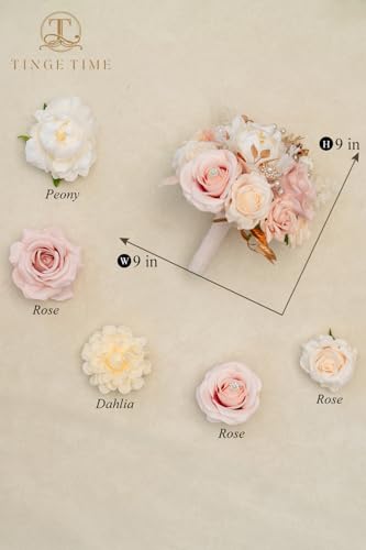 TINGE TIME Champagne White & Pink Wedding Bouquet 9in Artificial Toss Rose for Bride, Bridesmaid Artificial Flowers for Wedding Ceremony Anniversary Bridal Showers Wedding Church Decoration - color: Champagne&pink