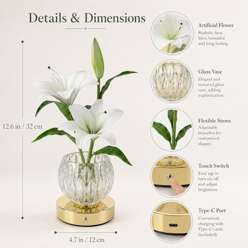 Lily Flower Lamps, 3 Colors Touch Stepless Dimming Glass Night Light, Rechargeable Artificial Flower Light, LED Flower with Vase Lamp Romantic Decor for Date Party Home (White - Lily) - color: White - Lily