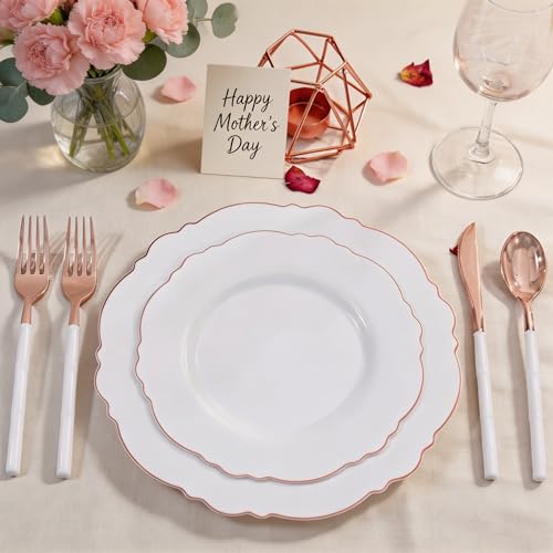 WDF 60pcs Rose Gold Plastic Plates-Baroque White &Rose Gold Disposable Plates including 30Plastic Dinner Plates 10.25inch, 30 Salad Plates 7.5inch for Wedding/Party/Birthday/Mother's Day - color: Rose Gold, size: 60PCS