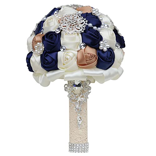 Sharebeauty 7.9 Inch Handmade Satin Rose Bridal Bouquet Toss Round Wedding Bouquet Throw Toss Artificial Flower Bunch Navy Blue + Brown Yellow + Ivory - color: W3217d14 Navy Blue/Brown Yellow/Ivory