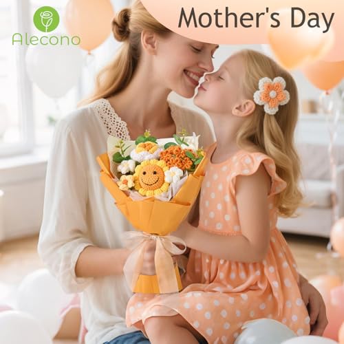 Alecono Crochet Flower Bouquet, Orange Smile Sunflower Knitted Flowers, Handmade Bouquet of Flowers for Mother's Day Graduation Anniversary Birthday Party Valentine's Day Gifts (Include Card) - color: Orange