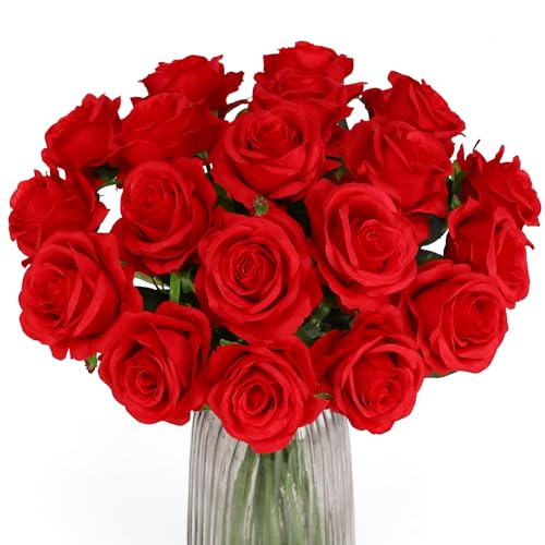 Red Fake Roses Artificial Flowers - 16 Pcs Fake Artificial Roses Silk Flowers with Stems for Home Wedding Hotel Office Centerpiece Decor - color: Red, size: 16 Pcs
