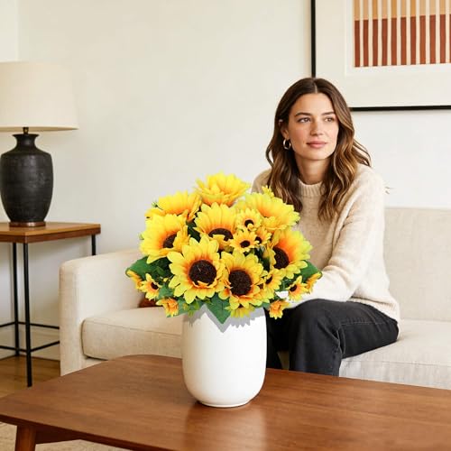 Artificial Cemetery Flowers for Grave Decorations - 4 Sunflower Bouquets with 2 Vases & Spikes - Lifelike Memorial Flowers for Cemetery Headstones Decoration ﻿ (Yllow)