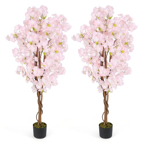 GOFLAME 5FT Artificial Cherry Blossom Tree, 2 Pack Faux Pink Silk Plant with Solid Wood Trunk, Realistic Moss and Nursery Pot, Fake Sakura Flower Tree for Home Office Indoor Decor