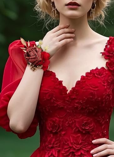 Red Rose Boutonniere and Corsage Set - 2 Pcs Artificial Flowers Corsage Wristlet and Boutonniere Kit for Wedding Prom Party, Anniversary Ceremony - color: Red