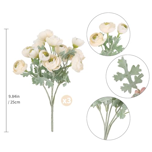 3 Bundles Mini Champagne Peonies Artificial Flowers,9.84" Silk Faux Ranunculus Flower, Artificial Peonies with Stems for Farmhouse Home Office Dining Table Wedding Spring Centerpiece Decor - color: Champagne