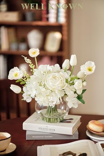 WELL KNOWN Artificial Flowers for Table Decoration Silk Hydrangea Flowers with Vase Fake Flower Arrangements in Round Bowl Vase with Faux Water for Summer Spring (White) - color: Mix Hydrangea-white