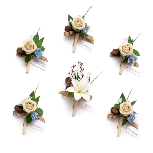 Ling's moment Boutonniere for Men, 6pcs Groom Groomsmen Boutonniere, Artificial Flowers for Wedding Decor/Prom/Homecoming, etc.Earth Brown & Tawny Beige - color: Earth Brown & Tawny Beige