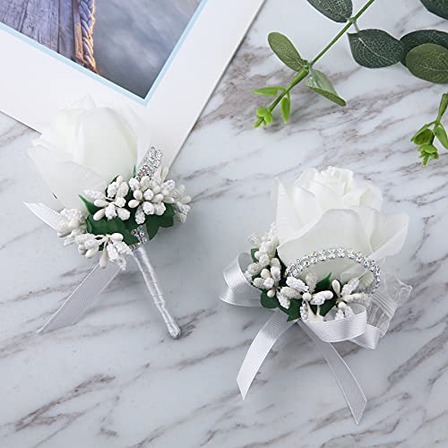 Wrist Corsage Boutonniere Set, Artificial Rose Bridesmaid Bride Wrist Corsage and Groom Men Boutonniere for Wedding Party Prom (Boutineer Corsage- White, 6 PCS) - color: Boutonniere Corsage- White, size: 6 Packs