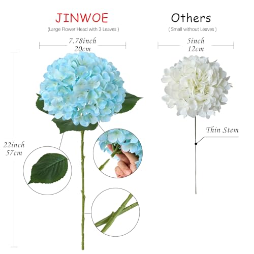 JINWOE Lake Blue Faux Hydrangea Flowers, 4Pcs 22" Large Lifelike Silk Artificial Hydrangeas, Full Fake Flowers for Bouquet Table Centerpieces Outdoor Wedding Indoor Home - color: Lake Blue