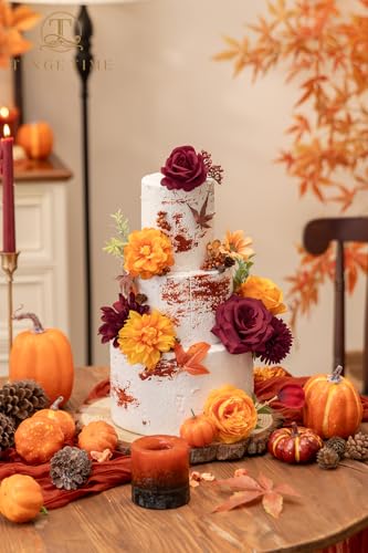 TINGE TIME Silk Fake Flowers Combo, Fake Foam Dahlia with Stems for DIY Wedding Bouquets Centerpieces Baby Shower Party Home Decorations(Burgundy & Burnt Orange) - color: Burgundy & Burnt Orange