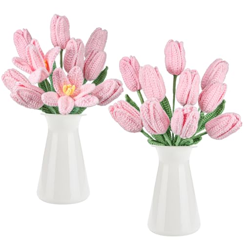 Shihanee 10 Pcs Tulip Crochet Flowers Bouquet Handmade Knitted Flower Decor Birthday Gifts for Women Grandma Spring Home Vase Centerpiece, 13.7", Vase Not Inchluded(Pink) - color: Pink