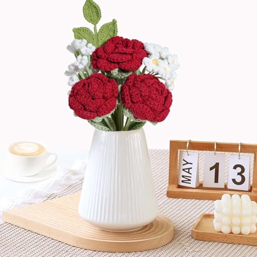 Crochet Flower Bouquet Handmade Red Roses Artificial Flowers with Card Unique Mothers Day Graduation Birthday Gifts for Women Mom Girlfriend Wife Eternal Flores Knitting Decorations Home Decor - color: Red Rose