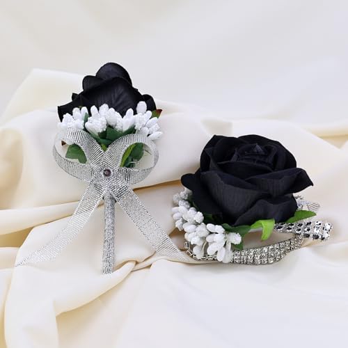 2Pcs Black Rose Corsage and Men Boutonniere Set Women Wristlet Band Wrist Bracelets, for Prom Wedding Ceremony Flowers Decorations and Homecoming Party Accessories - color: Black, size: 1 Boutonniere & 1 Wrist Corsage