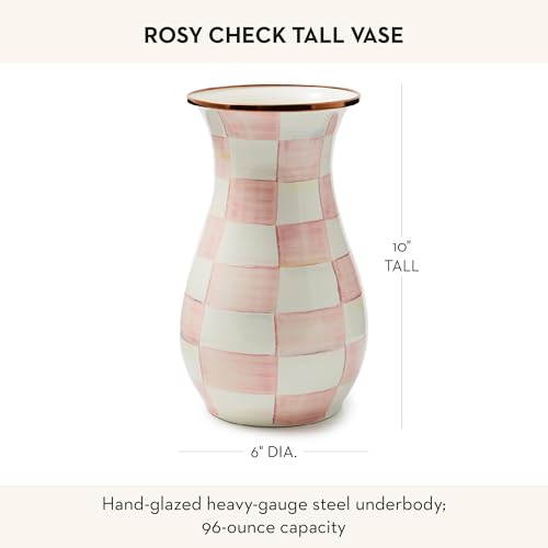 MACKENZIE-CHILDS Tall Enamel Vase, Unique Flower Vase Decor, Bouquet Holder for Living Room, Pink-and-White Rosy Check - color: Rosy Check