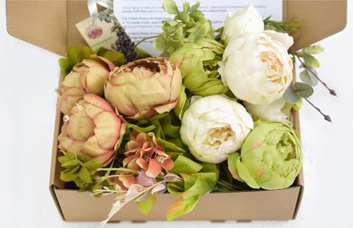 FiveSeasonStuff Rustic Brown, Beige & Green Artificial Peony Bouquets, 2 Silk Flower Bundles with Hydrangeas for Wedding & Dining Table Centerpieces, Living Room & Home Decor - color: Country Rustic (Beige, Green & Brown)