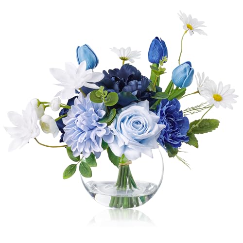WELL KNOWN Artificial Flowers with Vase, Faux Silk Rose Tulip Flower Arrangements in Glass Vase with Fake Water for Home House Warming Party Wedding Birthday Dining Table Decor & Gift (Mixed Blue) - color: Mixed Blue
