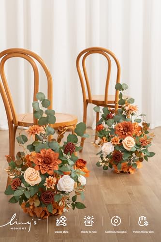 Ling's moment 17.5" Tall Standing Artificial Flowers Arrangements 2 pcs Wedding Aisle Runner Chair Decorations Terracotta & Burnt Orange Centerpieces for Ceremony Reception Rose Floral Party Outdoor - color: Terracotta & Burnt Orange