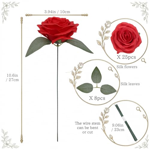 25pcs Red Roses Artificial Flowers 3.94" Large Silk Roses with Stems Real Look Faux Roses for Wedding Table Centerpieces Arrangement Home Decor(Red) - color: Red