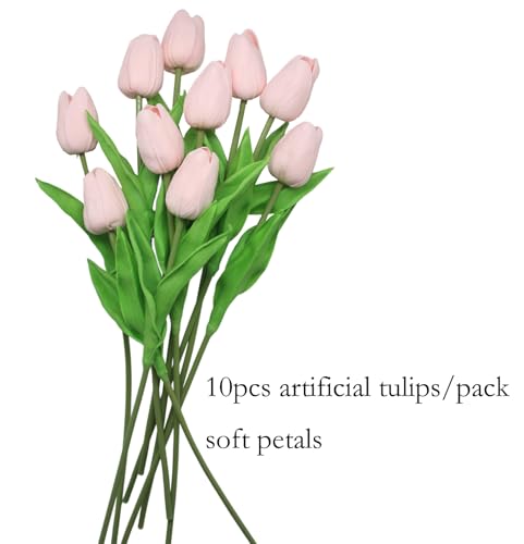 Artificial Flowers 10 Heads Mini Real Touch Artificial Tulip for Home Wedding Party Centerpiece Decoration (Light Pink) - color: Light Pink