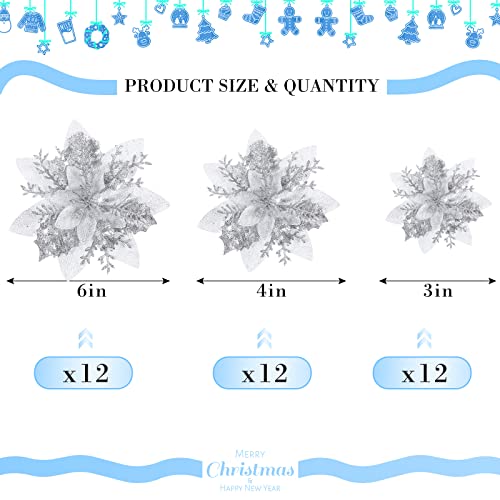 Geosar 36 Pcs Christmas Glitter Artificial Poinsettia Flowers Xmas Poinsettia Artificial Wedding Flowers Decorations Xmas Tree Ornaments with Clips for Party, 6 Inch, 4 Inch, 3 Inch(Silver) - color: Silver