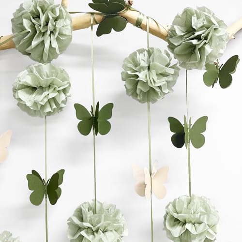 Sage Green Party Decorations Tissue Flowers Pom Pom Olive Green Beige 3D Butterfly Hanging Paper Garland Streamer Banner for Spring Themed Birthday Baby Shower Wedding Tea Party Home Decor Supplies - color: dusty green butterfly