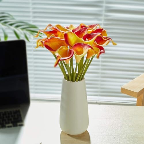 Floral Kingdom 20 Pack Artificial Calla Lily Flowers 14 Inch Yellow-Orange – Real Touch Faux Flowers for Table Centerpieces, Home Decor and Weddings - color: Yellow-orange