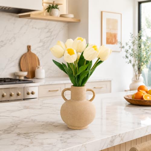 Fake Artificial Tulip Flowers in Ceramic Vase,13" Real Touch Tulip Flowers Spring Décor for Table Centerpiece Home Farmhouse Resto Wedding Decoration（Yellow） - color: Yellow