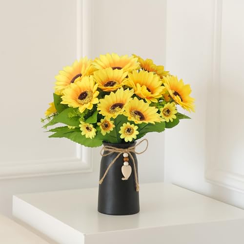 Artificial Sunflower Arrangement in Black Vase - 3 Bunches of Lifelike Sunflowers with Rustic Black Vase for Home Décor, Office, and Special Occasions - color: Black Vase