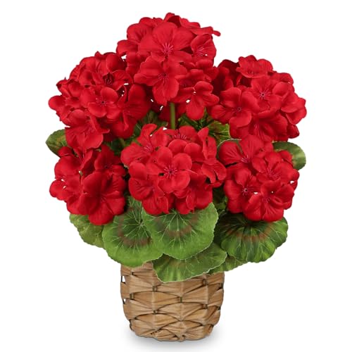 Briful Artificial Geraniums Flowers Potted Plant - 13.7'' Tall Faux Red Silk Realistic Lush Geraniums Flowers in Basket, Indoor&Outdoor Decorative Plant, Farmhouse Home Porch Office Patio Table - color: Red, Basket