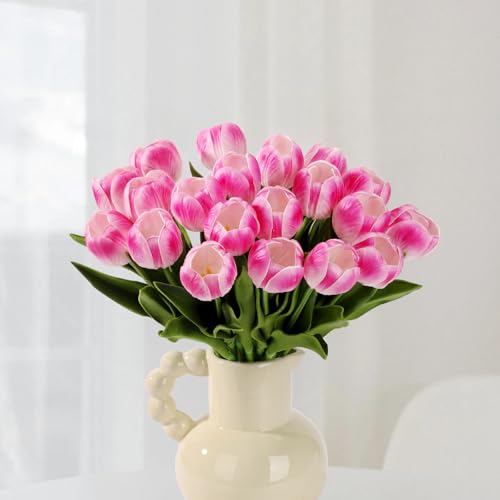 HOMESEASONS 20 Stems LED Lighted Artificial Flowers Tulip Lamp Real Touch Tulips Faux Flower Lights for Valentine's Day and Easter Home Kitchen Wedding Dining Table Decor(Hot Pink) - color: Hot Pink