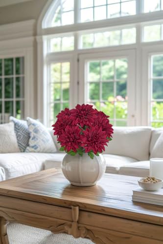 Hollyone Dark Red Artificial Dahlia Flowers Bush 7 Heads Silk Fake Dahlias Flowers with Stems Wedding Bouquets Faux Dahlia Flowers Arrangements for Outdoor Indoor DIY Table Centerpieces Home Decor - color: Dark Red