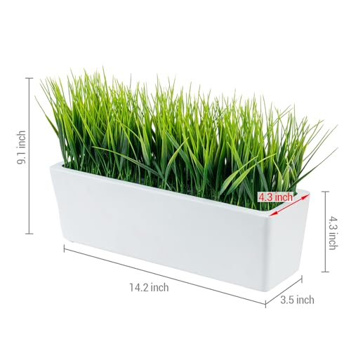 MyGift 14 Inch Artificial Green Grass Plant in Modern White Concrete Planter Window Box, Tabletop Faux Greenery in Decorative Rectangular Cement Container - color: White Concrete