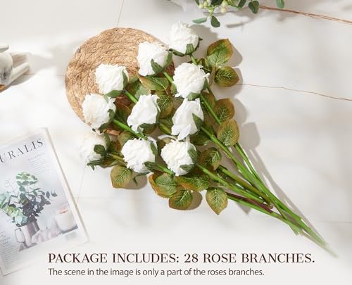 PONKING Rose Artificial Flower 28pcs Realistic Faux Silk Roses Fake Flowers Bouquets Arrangements Decor for Wedding Spring Mother's Day, Home Table Decorations, White Flower - color: A 28pcs White Rose