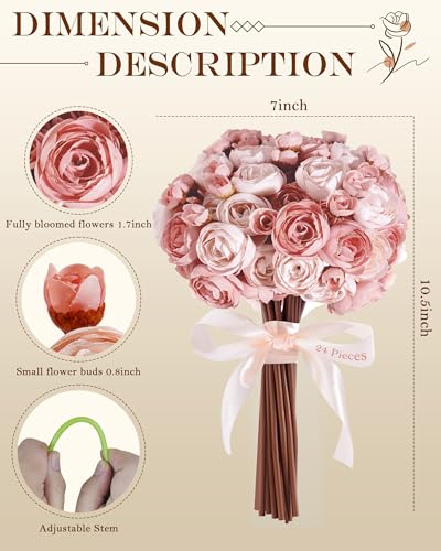 24Pcs Ranunculus Artificial Flowers, Faux Ranunculus Flowers Bulk, Fake Peonies Look Real - 4 Blooms per Stem, Silk Flowers Bouquets for Wedding, Decor - Perfect Match to Tulips & Peonies, Dusty Rose