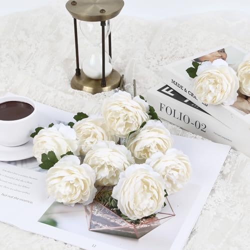 IPOPU 10pcs Ivory Peonies Artificial Flowers Silk Peonies with Stems Real Look Fake Peony for Home Table Decorations Wedding Faux Flowers Arrangements (Ivory) - color: Ivory