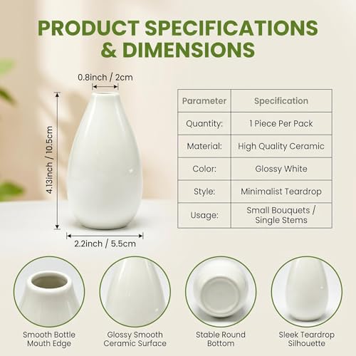 10.5cm/4.1 inch Tall Ceramic Bud Vase Mini Single Stem Small Flower Vase Small Mouth Floral Vases Decorative Shelf Centerpieces Floral Holder for Home Office Decor (White) - color: White