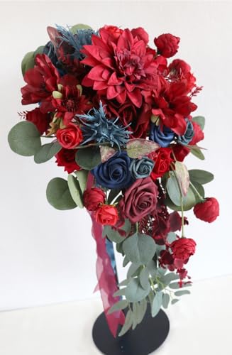 12.6 Inch Cascade Wedding Bouquet for Bride with Artificial Rose Dahlia Flower Cascading Bridal Bride Bouquet Wedding Ceremony Anniversary Bridal Shower Burgundy and Navy Blue - color: Burgundy & Blue