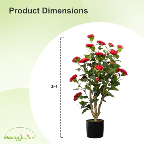 36” Artificial Camellia Tree 2 Packs, Faux Camellia Plant in Pot with Red Flowers, Greenery Camellia Tree for Spring Home Front Door Outdoor Indoor Decoration, Red - color: Red, size: 3FT