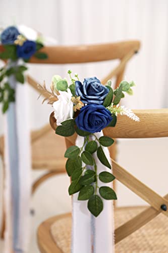 Wedding Aisle Decorations for Wedding Ceremony Set of 10 Pew Flowers for Church Chair Decorations Party Decor with Artificial Flowers Eucalyptus and Ribbons Blue - color: Blue