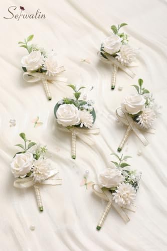 Serwalin 6 Pcs White Boutonniere for Men, Groom Groomsmen Best Man Guest Boutonnieres，Artificial Flowers Silk Rose for Wedding Prom Ceremony Anniversary Party Homecoming - color: A White, size: Boutonniere 6pcs