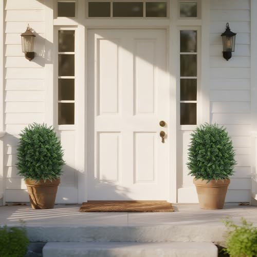 Yangrass Artificial Set of 2 Cedar Topiary Ball Trees 27" for Outdoors with Ground Spike, UV Resistant Faux Cypress Plants, Evergreen Shrubs Bushes for Front Porch Garden Backyard Decor - color: Large Size Cedar
