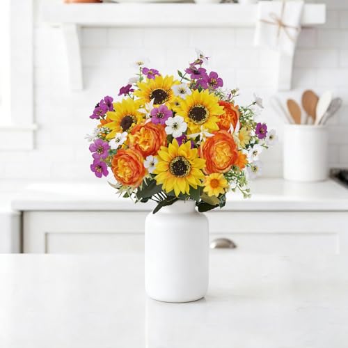 2Pcs 14.17" Cemetery Flowers for Grave Vase Sunflower Artificial Flowers Bouquet Peonies Silk Sunflowers Realistic Flower Arrangements for Cemetery Wedding Table Centerpieces Home Decor - color: Yellow-2