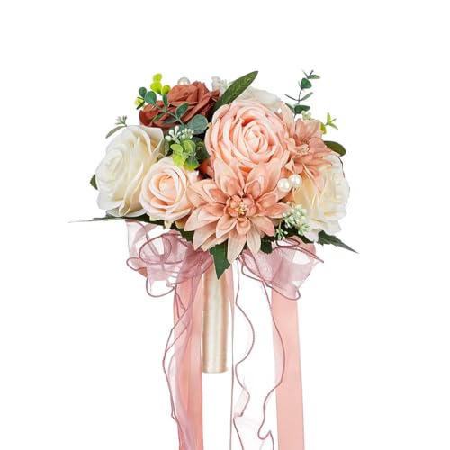 CYANLUX Wedding Bouquets for Bride Bridesmaid Bouquet Champagne White Artificial Roses Flowers for Wedding Valentine's Day Church Home Decoration… (Pink) - color: Pink