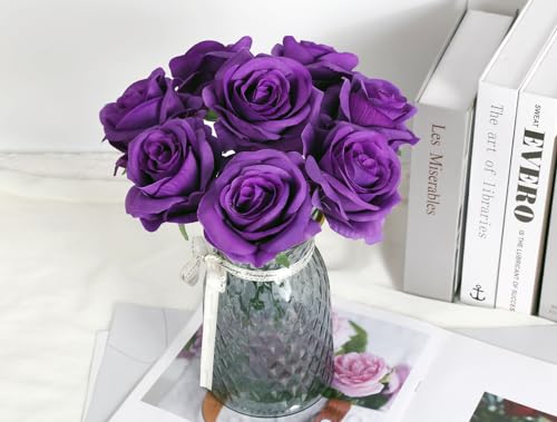 20pcs Purple Roses Artificial Flowers Fake Roses Real Looking Silk Flowers Bulk Big Faux Roses with Stems for Wedding Centerpieces Table Home Party Decor Bridal Floral Arrangements (Purple) - color: Purple