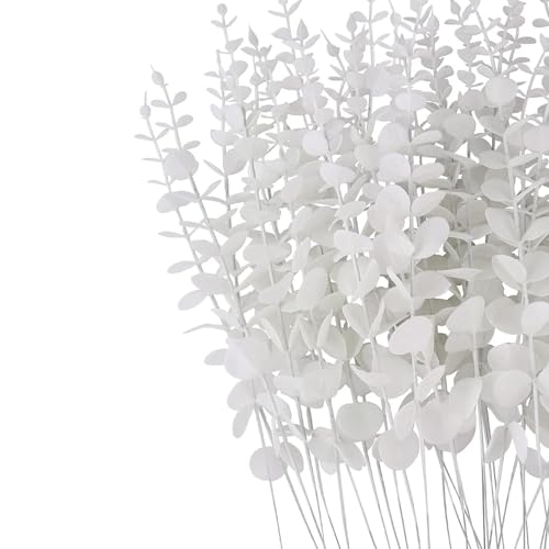 ABAJI Plastic Eucalyptus White Stems 12 Fake Faux Decorations Artificial Leaves Greenery Plant Leaf Home Office House Table Desk Decor Wedding Party Vase Forever Live - color: White