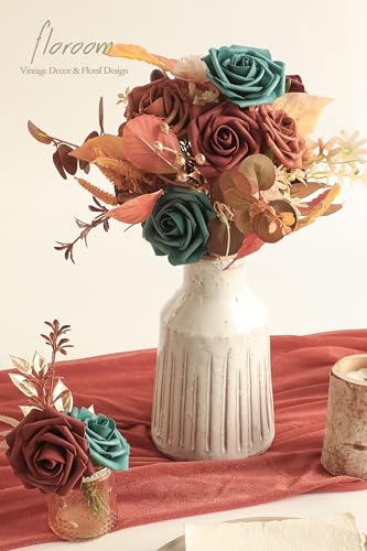 Floroom Artificial Flowers 25pcs Real Looking Teal Green Terracotta Ombre Colors Foam Fake Roses with Stems for DIY Wedding Bouquets Bridal Shower Centerpieces Floral Arrangements Tables Decoration - color: Shades of 1970s