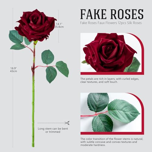 Ttranewsoo Fake Roses Faux Flowers Silk Roses Artificial Roses with Stems Realistic Artificial Flowers Suitable for Indoor Home Decoration DIY Bouquet Wedding Decor Party Decor 16.5In (12PCS, Red) - color: Red 12pcs