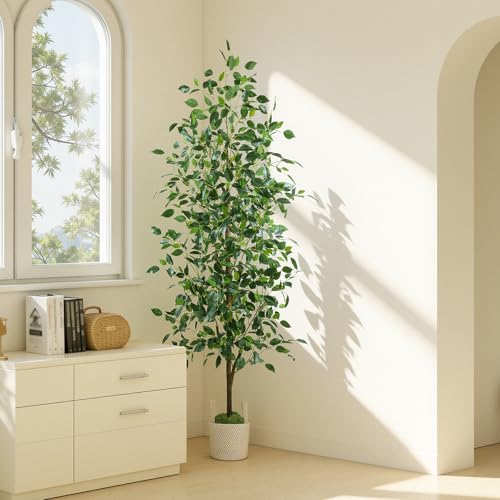 Caxchiling Fake Ficus Tree 6FT, Artificial Tree with Pot for Indoor Outdoor, Lifelike Faux Floor Plants with Moss Topper and Cotton Basket, Home Office Living Room Bedroom Doorway Hallway Decor - color: Ficus