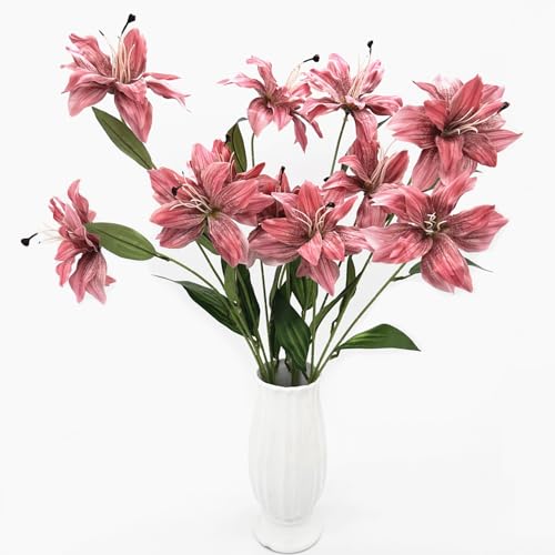 Artificial Lily Flowers Fake Vintage Lilies Silk Flower Realistic Plastic Stems Faux Plants for Indoor Outdoor Decor Pot Vase Floral Arrangement Wedding Party Bouquet DIY Decoration - Coral Red 4 Pack - color: Silk Flowers / Coral Red / 4 Pack
